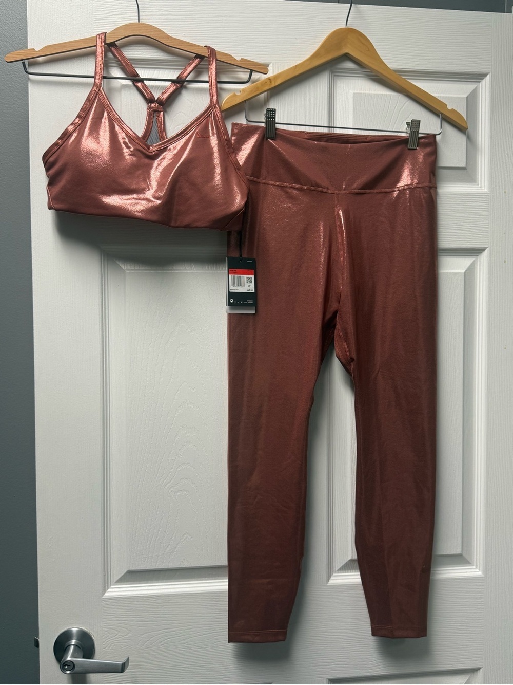 Nike Metallic Rose Gold Leggings & Strappy Sports Bra Set